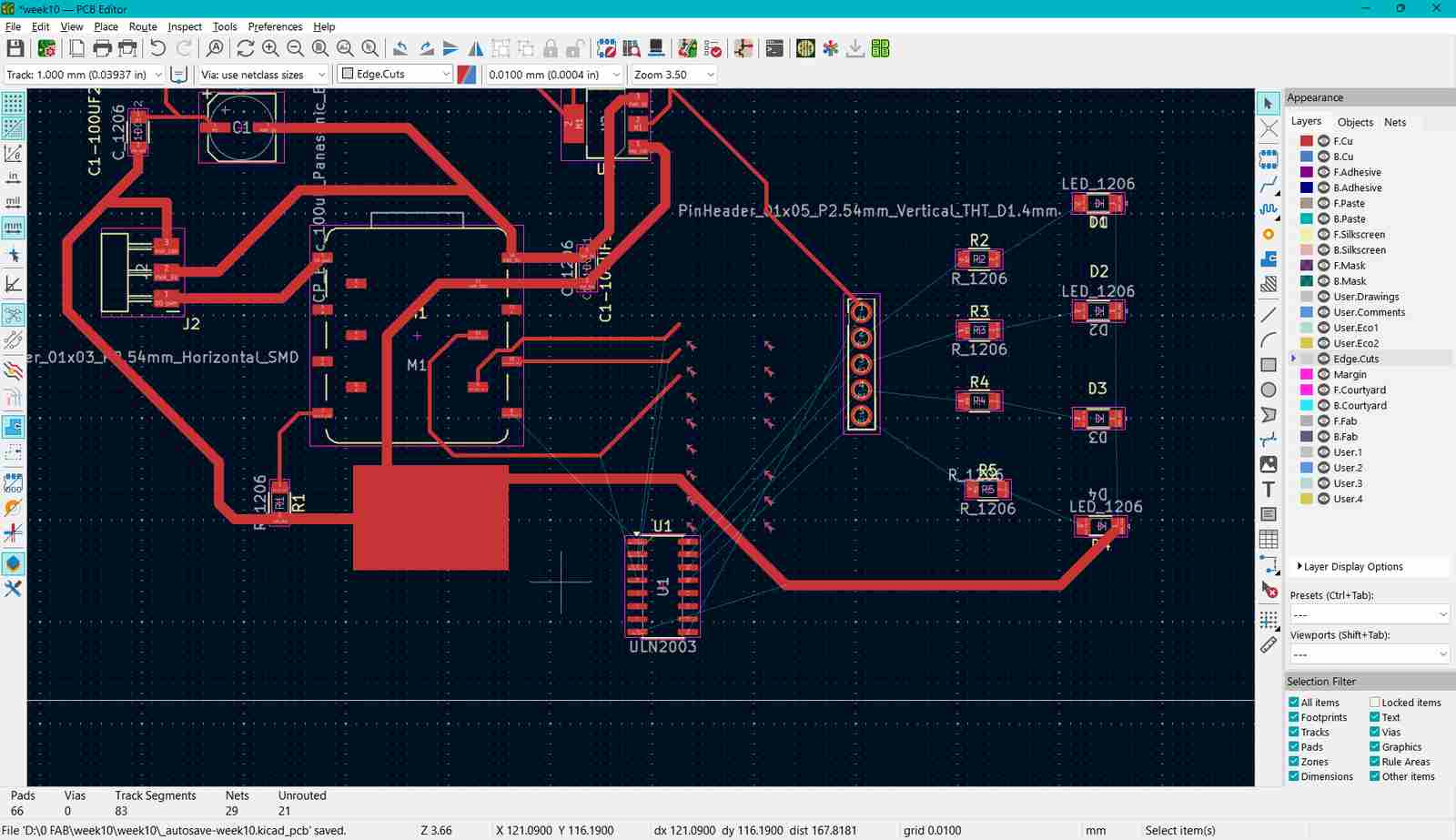 The updated ULN2003 footprint after changing it in the PCB Editor.